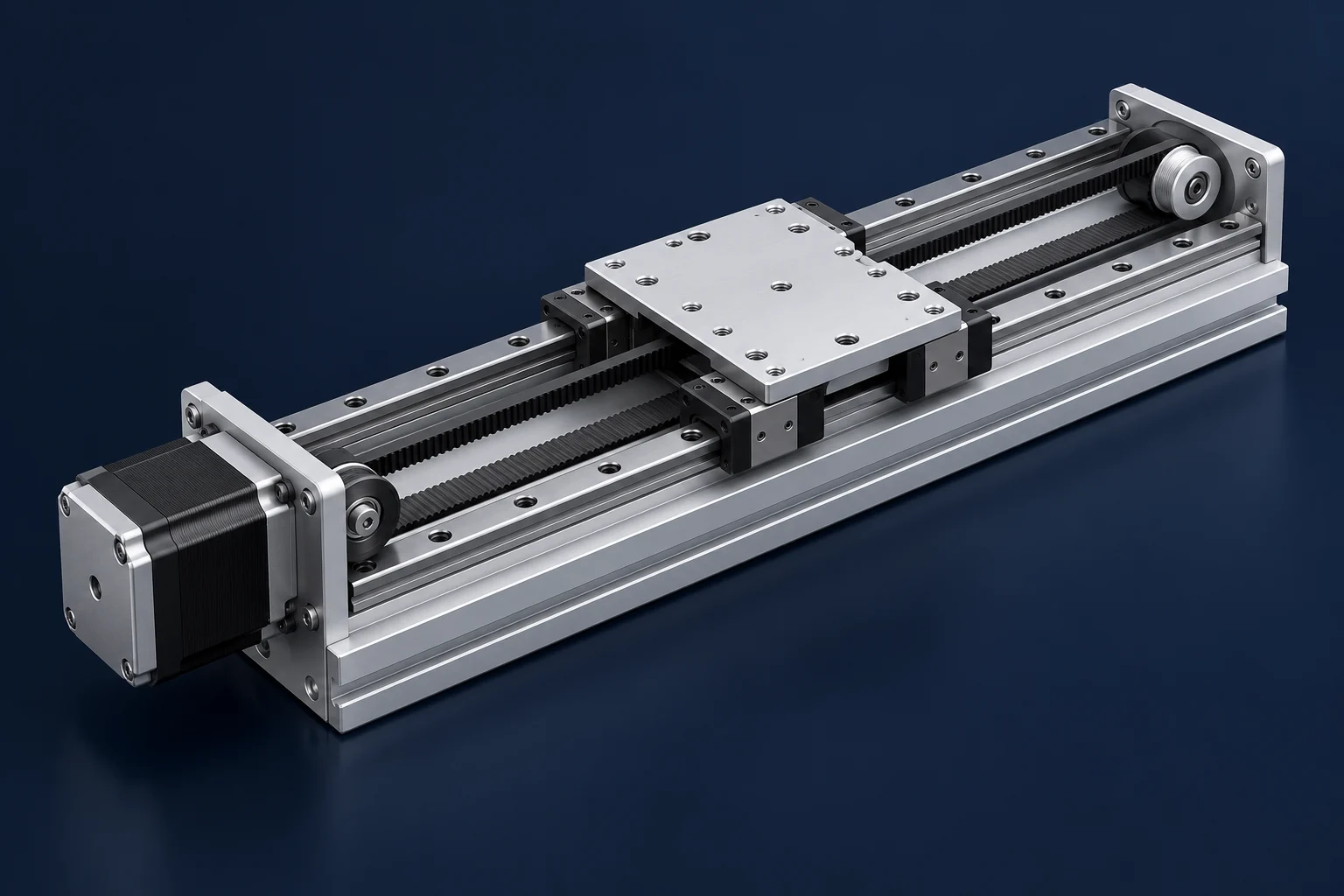 Illustrative CAD model of a belt-driven linear positioning assembly with rails, a carriage and a motor